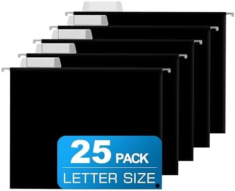 Black Letter Size Hanging File Folders (25-Pack) – Adjustable Tabs for Bulky Files